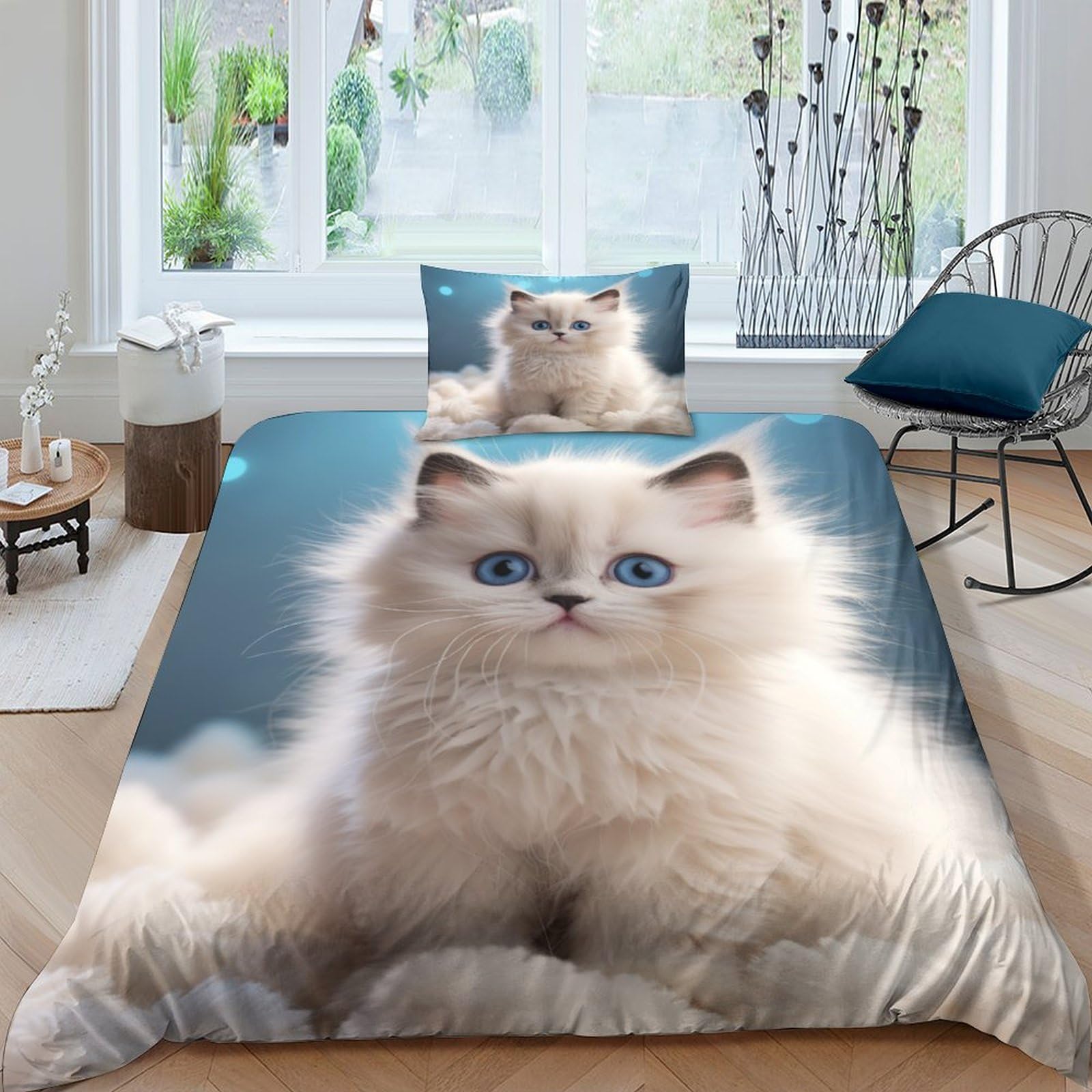 Ragdoll Cat 3D Printed Duvet Cover with Pillowcases Animals Bedding Set with Zipper Closure Hypoallergenic Soft Microfiber Quilt Cover Set Single（135x200cm）