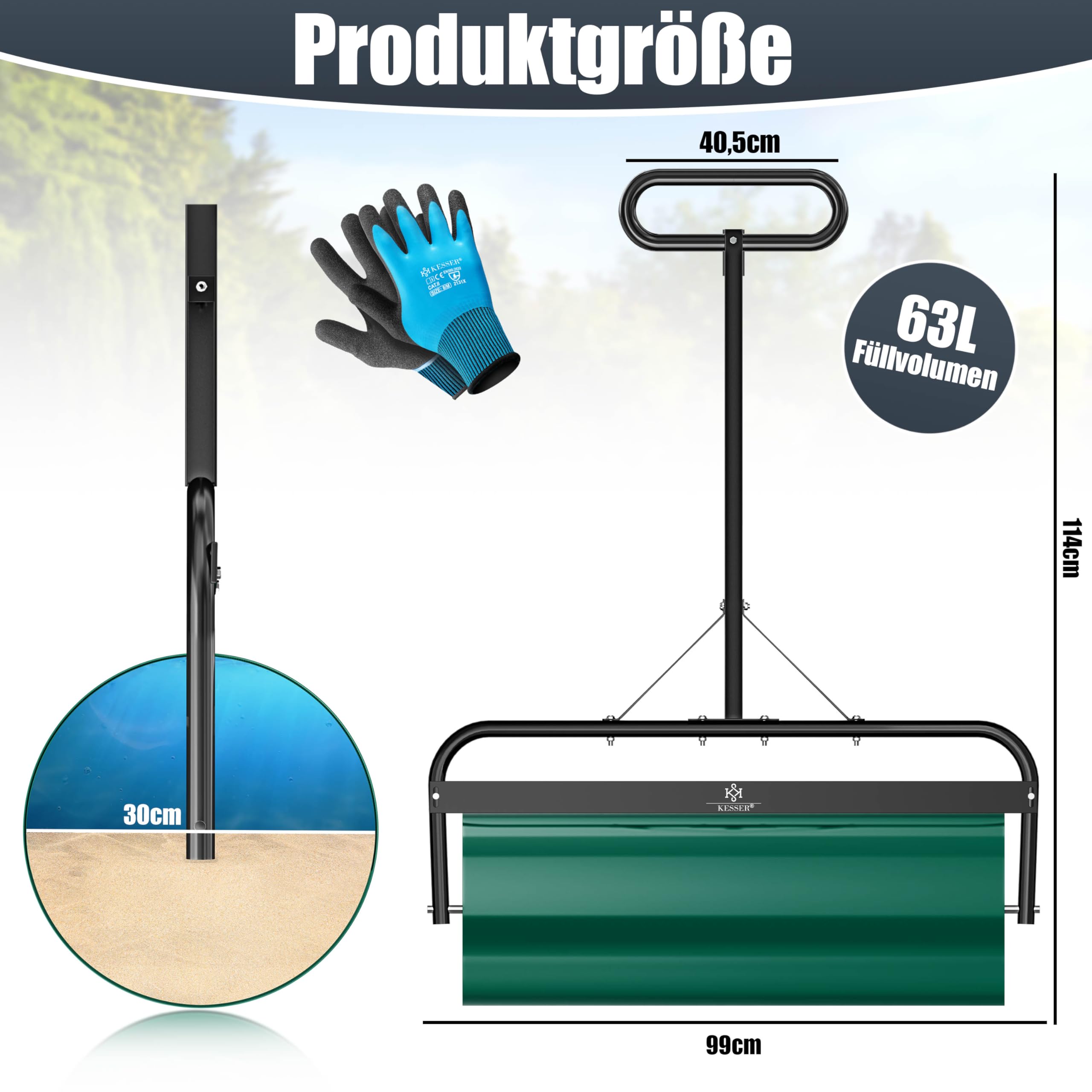 KESSER Rouleau à gazon en métal à remplir avec de l'eau ou du sable avec un volume de remplissage de 63 l et 99 cm de large - Rouleau de jardin avec gants - Rouleau manuel pour gazon agricole - Vert