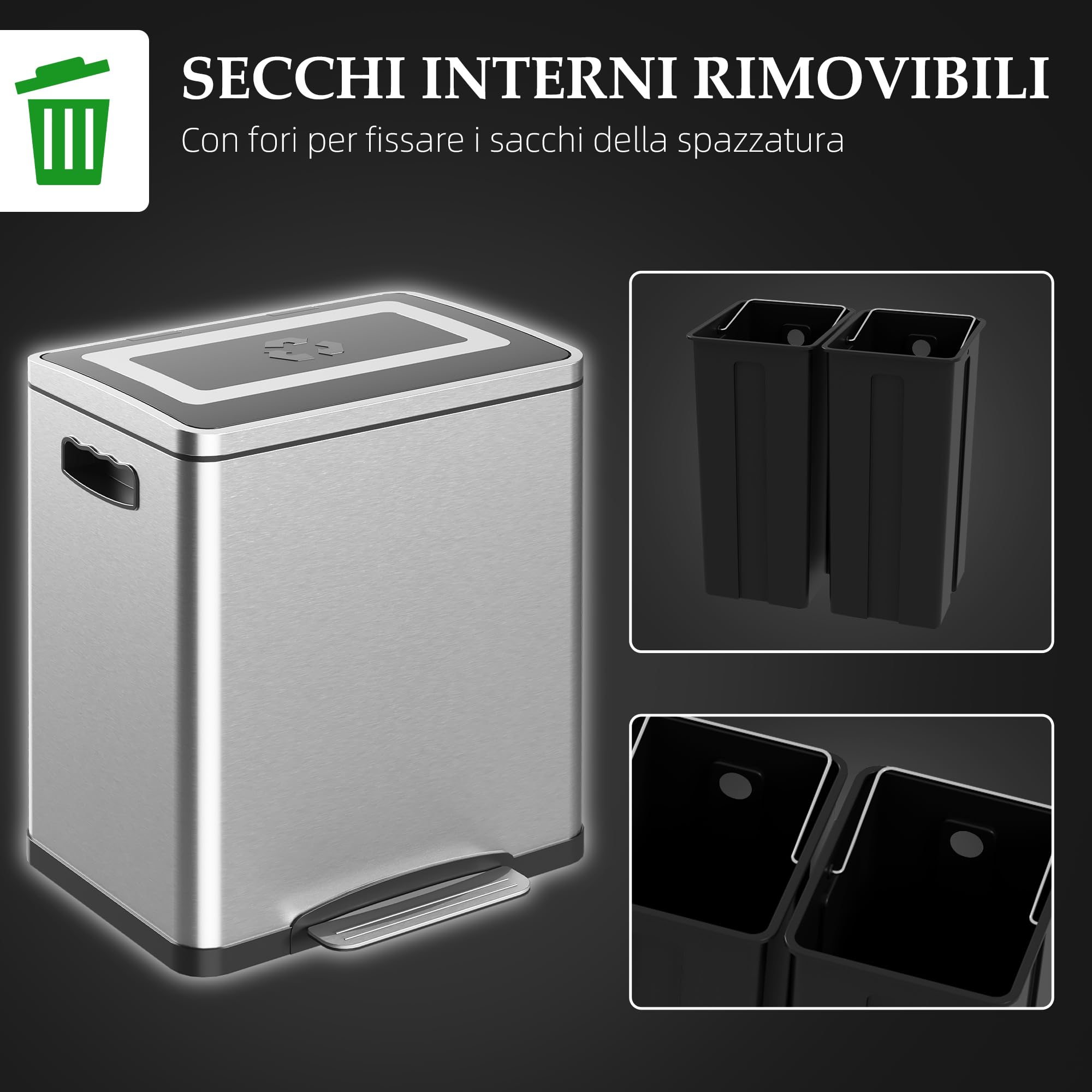 HOMCOM Bidone Spazzatura a 2 Sezioni 15L a Pedale 40x34.8x47.5 cm Argento | Coperchio a Chiusura Morbida, Cestino Immondizia, Acciaio Inox e PP