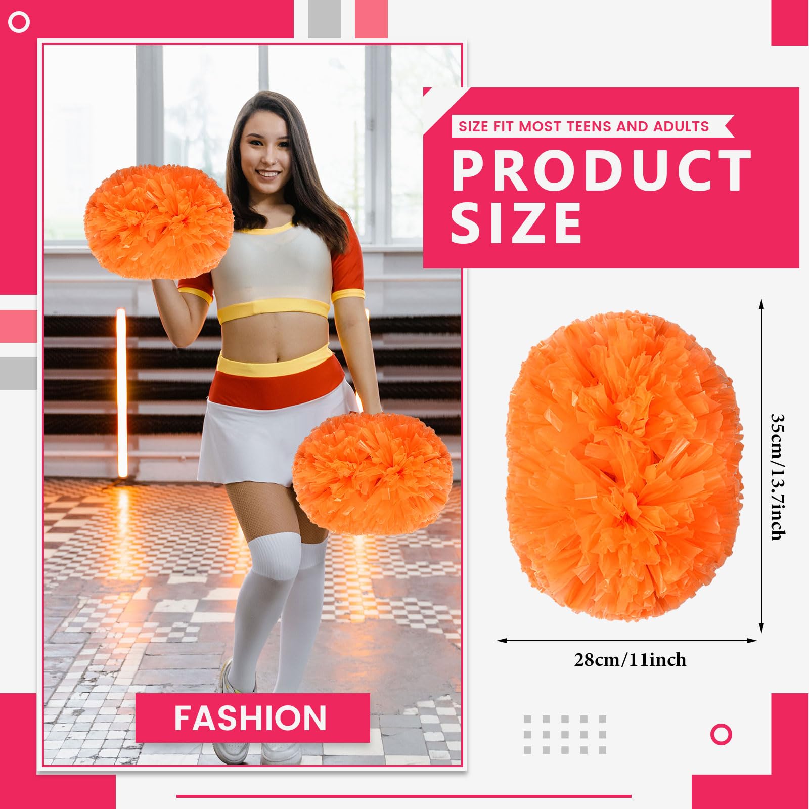 Lot de 20 pompons de 35 cm, pour entraînement sportif, danse, équipe, avec poignée. (Couleur orange)