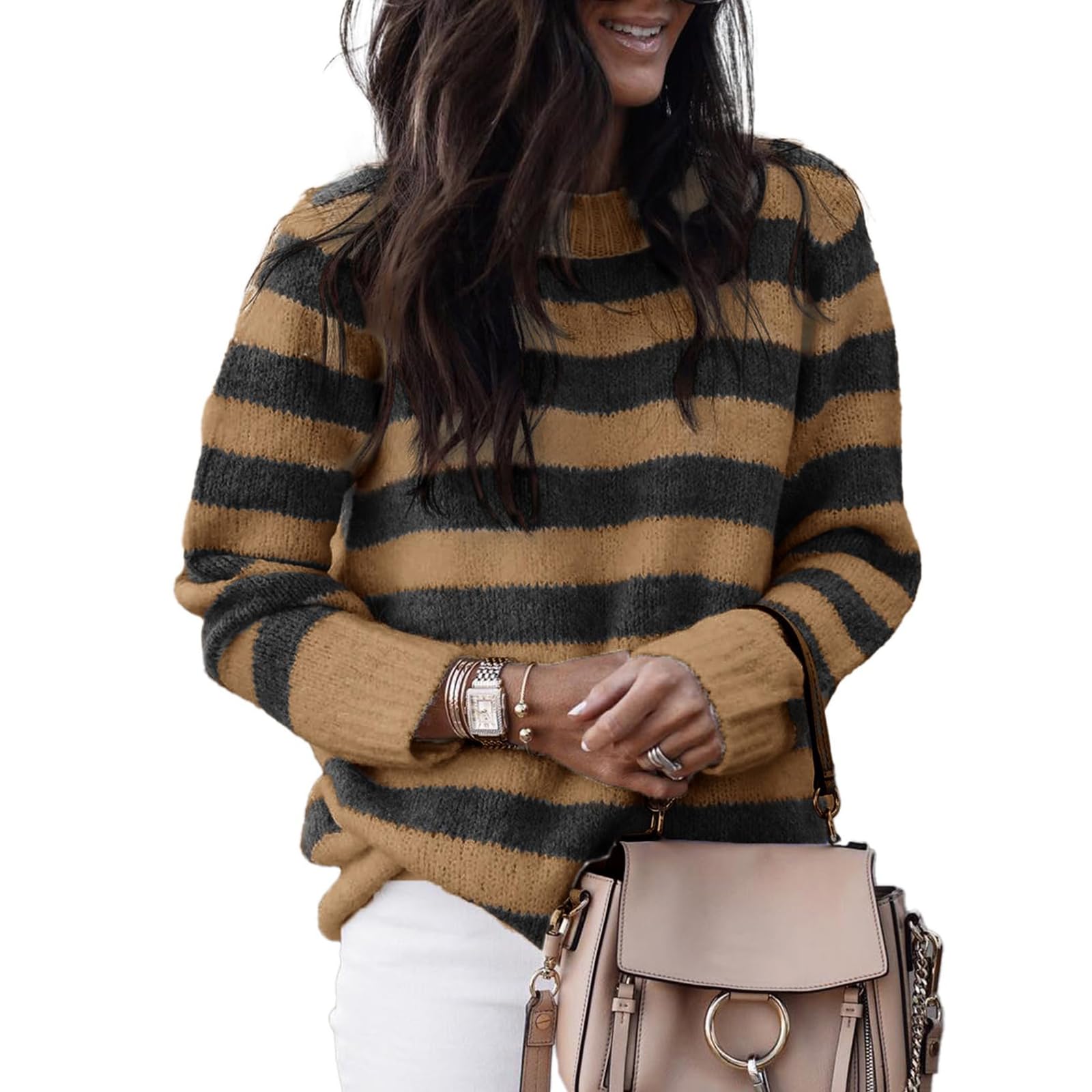 Womens Sweater Round Neck 2025 Fall and Winter Tops Comfortable Casual Loose Pullover Knitted Long Sleeve Sweaters