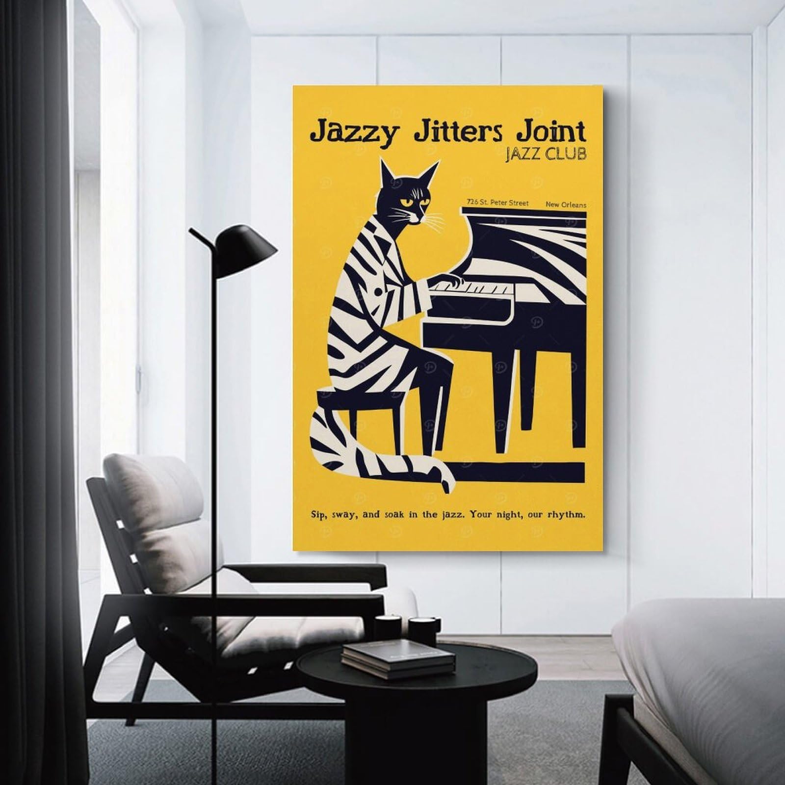 Junmoney Canvas Wall Picture Jazz Club Cat Retro, 24x36inch(60x90cm), for Front Hall, Corridor Or Welcome Spaces, Decorative Wall Art for Narrow Spaces