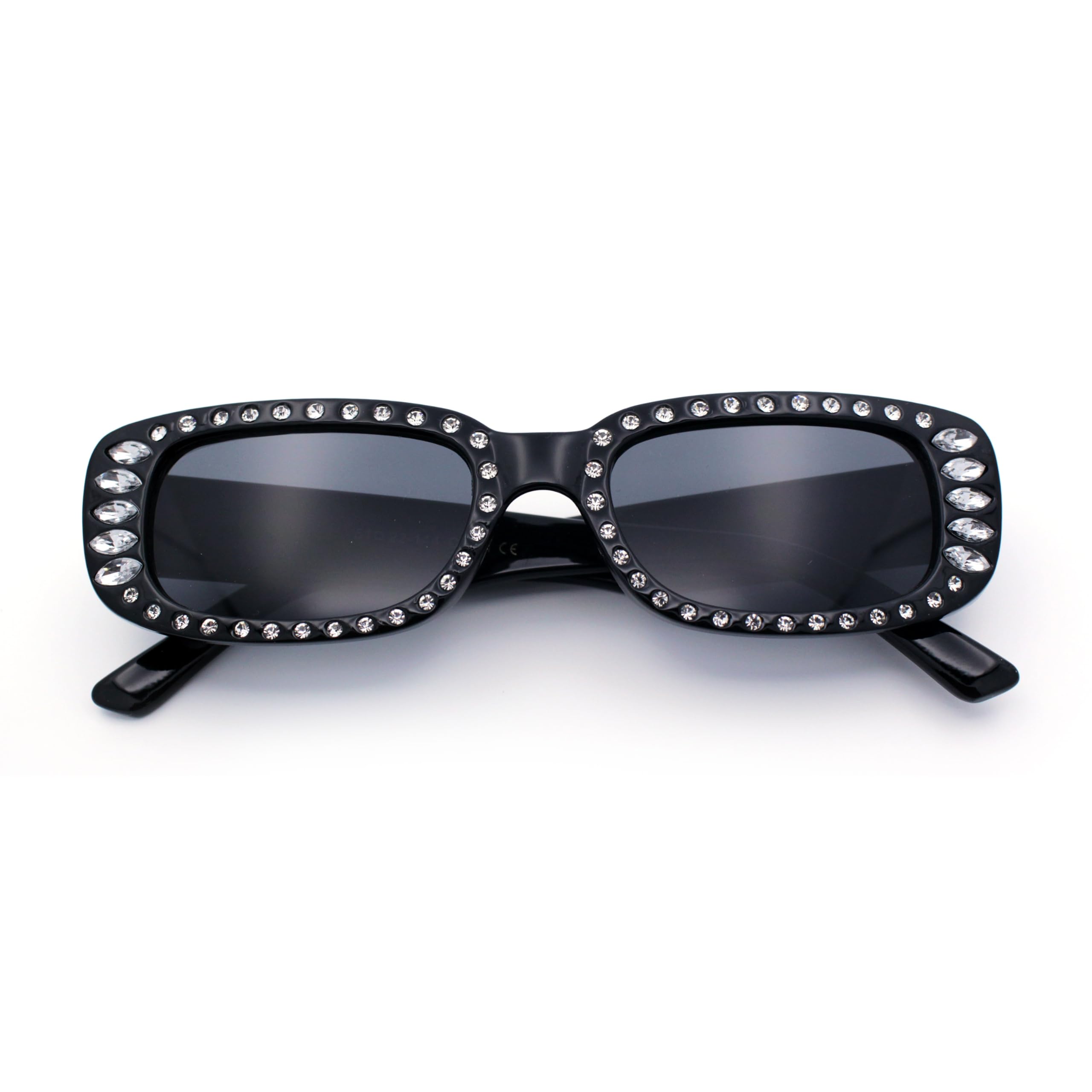 SA106 Womens Rhinestone Bejeweled Mod Narrow Rectangle Diva Fashion Sunglasses