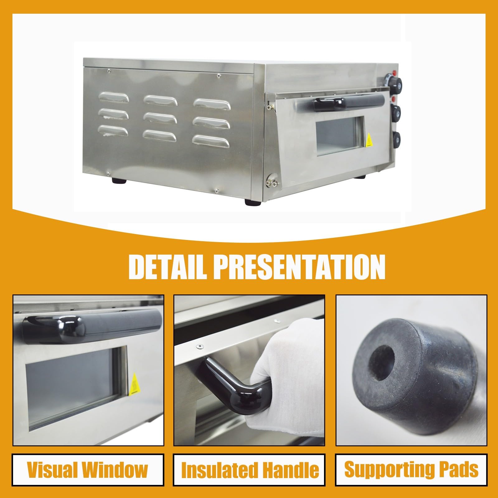 Horno de pizza comercial de 110 V, máquina de hornear de pizza de una sola cubierta, horno portátil de acero inoxidable de 2KW con control de tiempo 0-120 minutos para el hogar y el 4