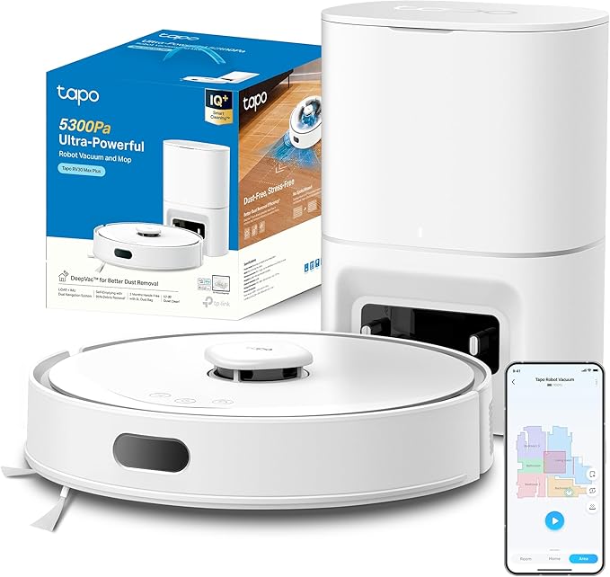 Tapo RV30 MAX Plus - Robot Aspirador 5300Pa, Base de Autovaciado, Navegación Láser LiDAR y Mapeo Inteligente, Limpieza 4 en 1: Barre, Aspira, Friega y Pasa la Mopa, Control por Voz y App,Blanco