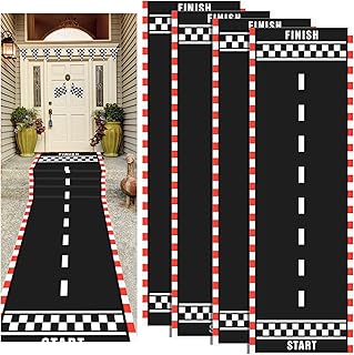 Chalyna 4 Pcs Racetrack Floor Running Race Car Party Decoration Mat Race Car Birthday Party Supplies 10 x 2 ft Racetrack Floor Mat Road Table Runner for Sports Race Car Theme Party Decoration