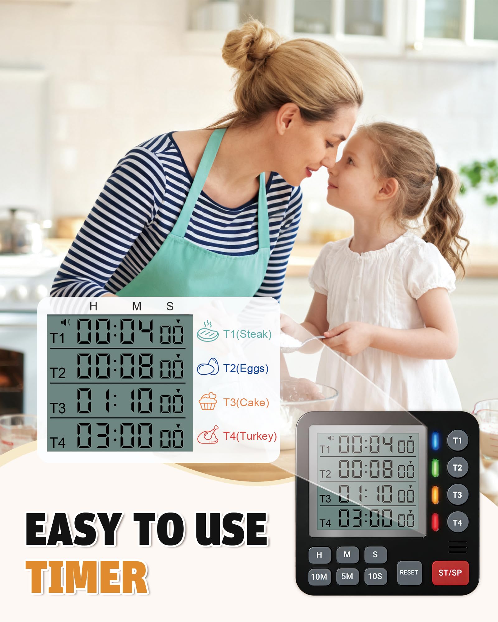 TPNEG Temporizador digital de cocina, temporizador de cocina de 4 canales con alarma, parte trasera magnética, modos ruidosos y silenciosos, cuenta arriba/abajo, ideal para hornos, personas mayores