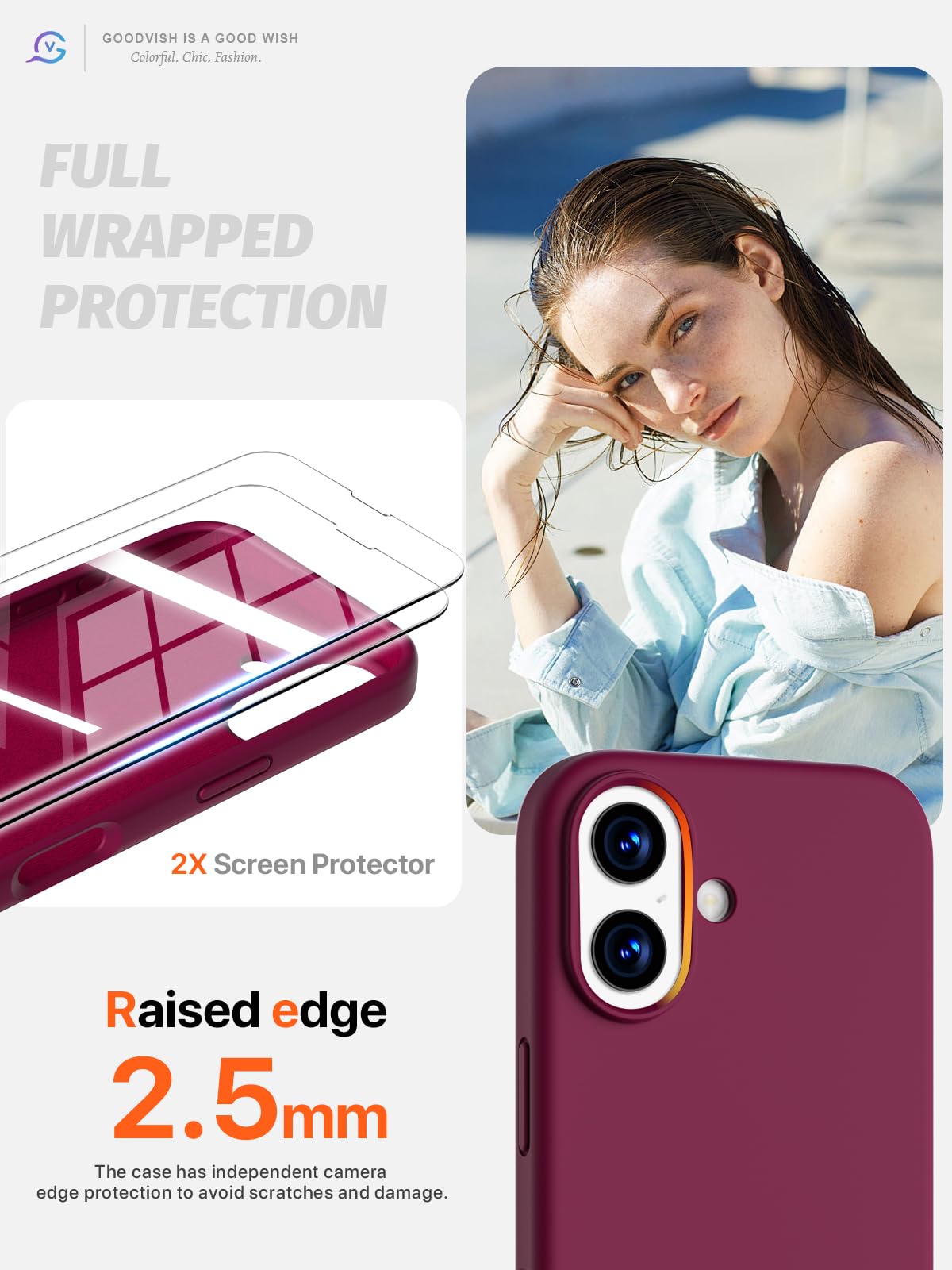 GOODVISH 3 in 1 Silicone Cover per iPhone 17 6.3", Custodia con 2 Pellicola Vetro Temperato [Protezione Fotocamera] 360° Protezione Anticaduta Case per Cellulare Antiurto Resistente, Vino Rosso
