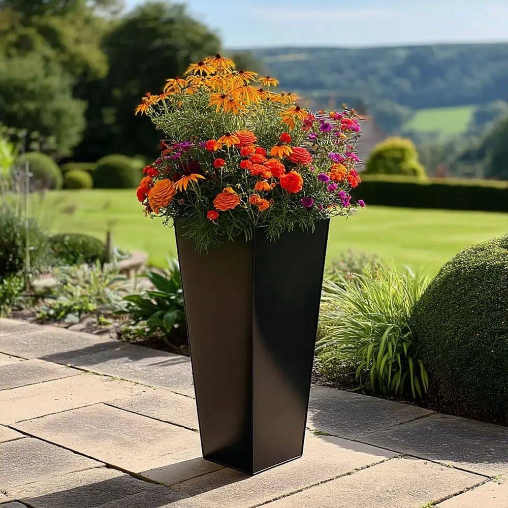Tulipy 90cm/70cm Zinc Galvanised Tall Tapered Square Planter | No Assembly Needed | Lightweight (Matte Black, L40cm x W40cm x H90cm)