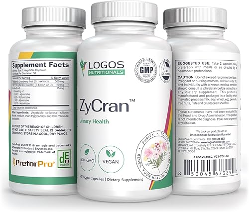 Logos Nutritionals - ZyCran 60 cápsulas vegetales - Prevención de infecciones urinarias - Fórmula patentada de arándano, prebiótica y probiótica