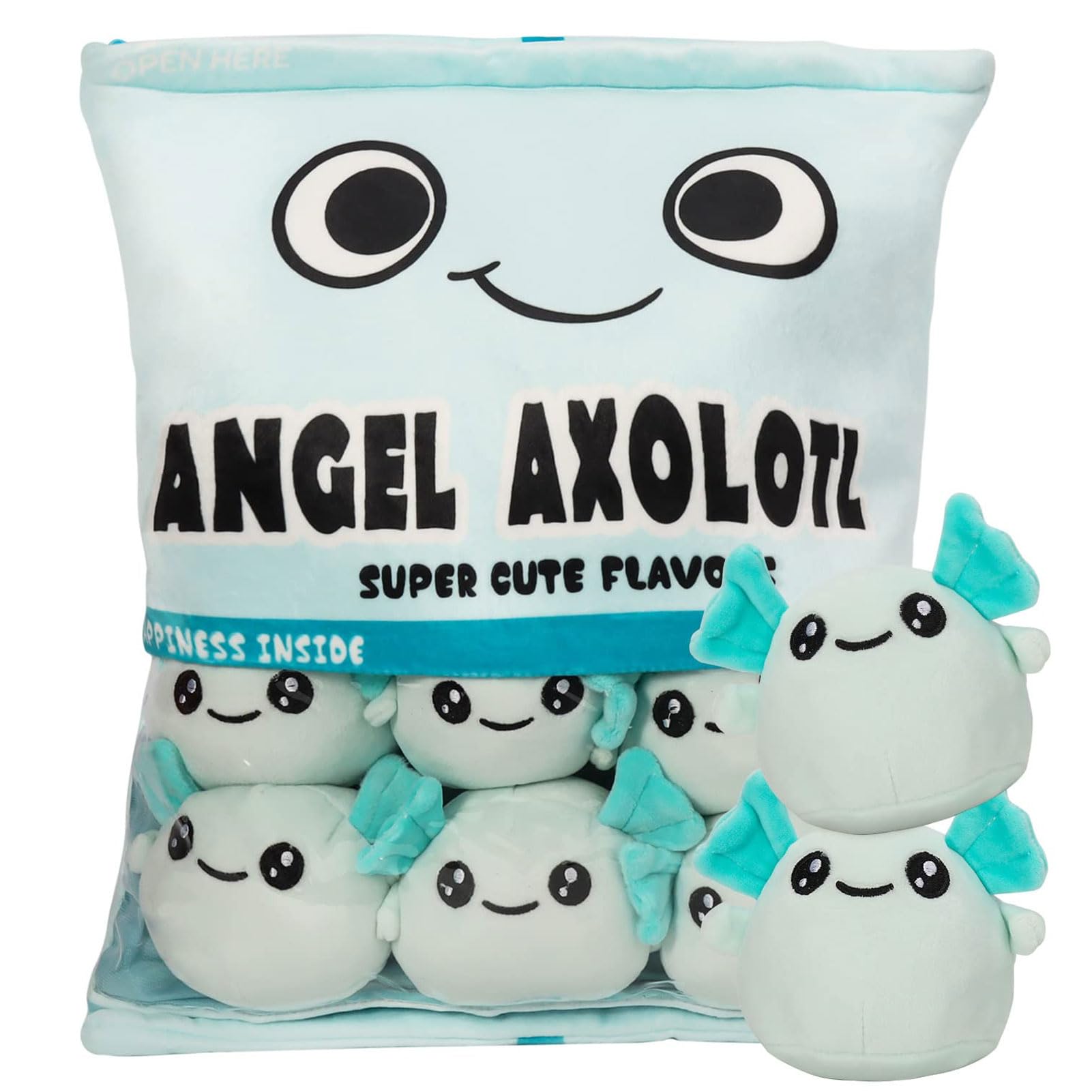 HXPLNCute Snack Pillow Axolotl Plush Pillow, Kawaii Pudding Pillow with Axolotl Salamander Doll, Removable Stuffed Animal Toys Cushion Birthday Creative Gift for Kids, Girls, Boys (6 Blue Axolotl)