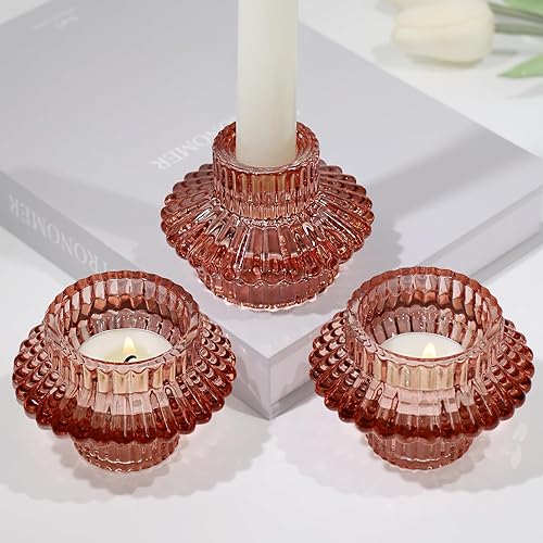 Miniatura 7 de Juego de 3 portavelas reversibles, cónicos de cristal rojo y candelita para centro de mesa, boda, fiesta, decoración del hogar