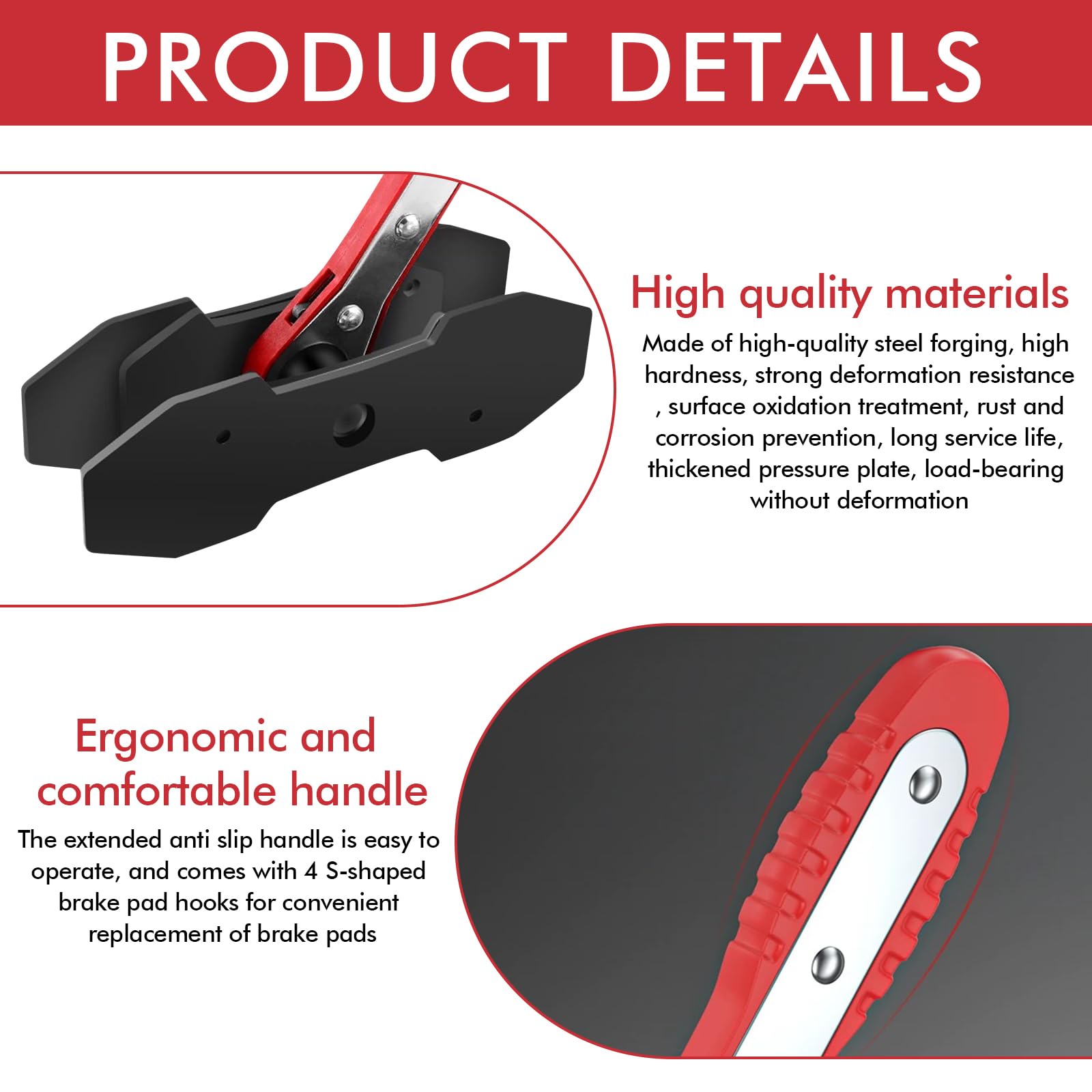 Strumento a Cricchetto per Pinza Freno: Retrattore per Pistoncino Freno, Rosso Set di Presse a Cricchetto con 4 Ganci di Sostituzione Pastiglie Freno per Riparazioni Freni Auto