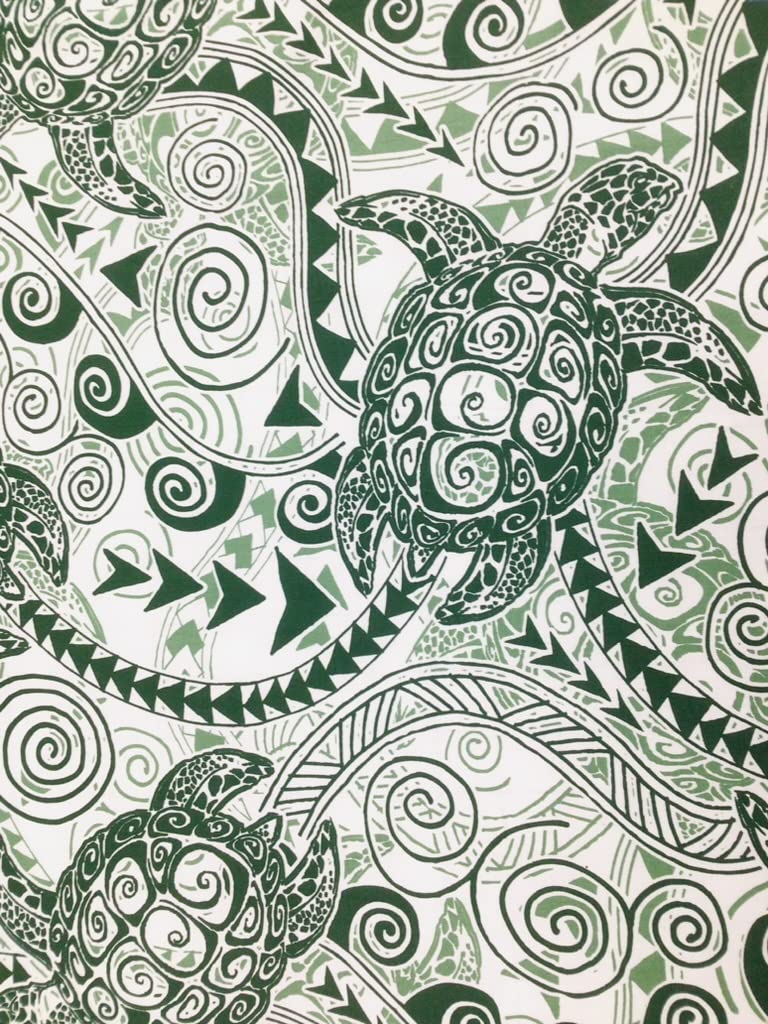 Honu Tribal in Green Backgound Hawaiian Print Fabric Sold by The Yard 100% Cotton