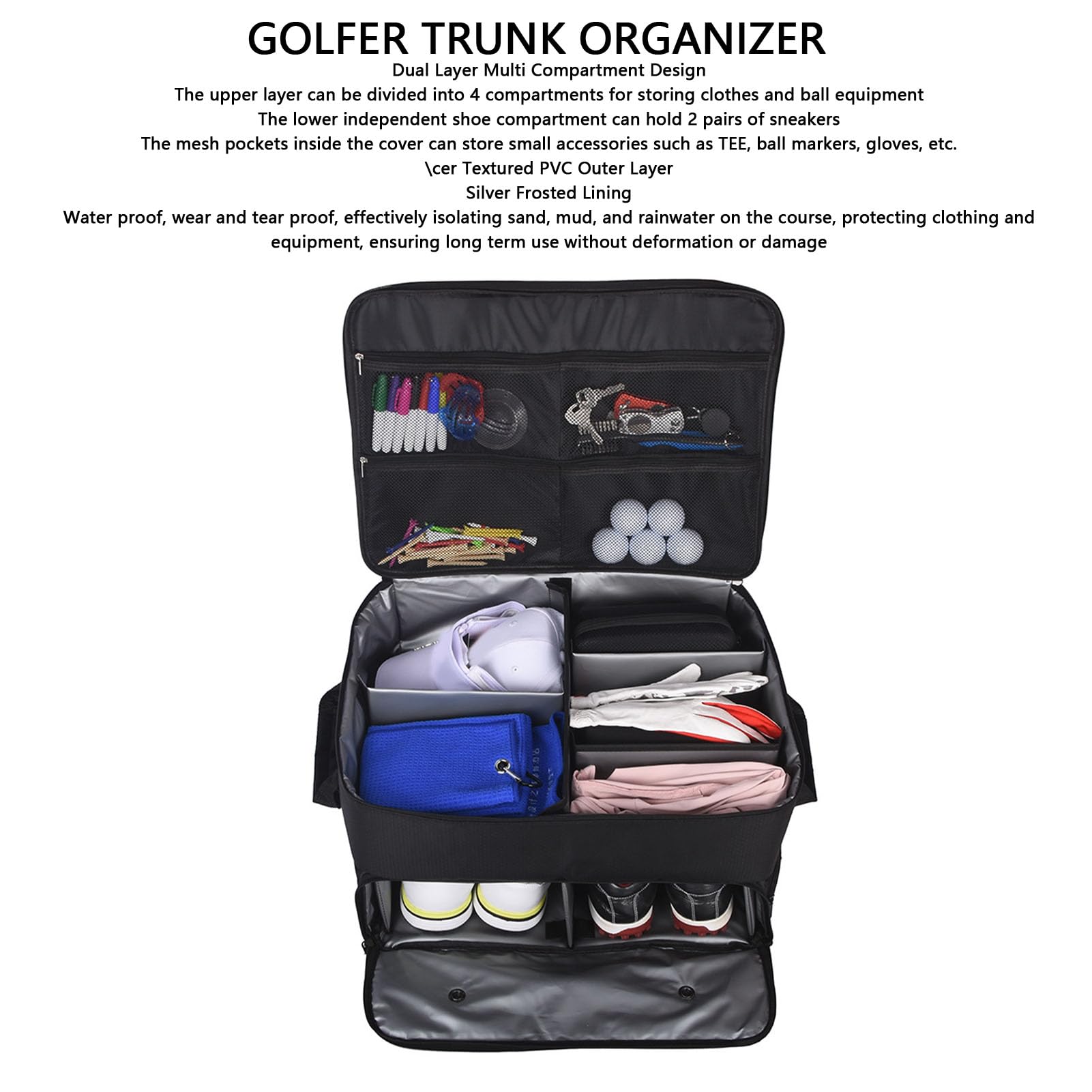 Organizer do Bagażnika Golfisty Składany Organizer Samochodowy z PCV 45x34x26 Cm z 4 Przegródkami 2 Sekcje na Buty Kieszenie Siatkowe do Podróżowania Po Golfie Bagażnik Samochodowy i Dni