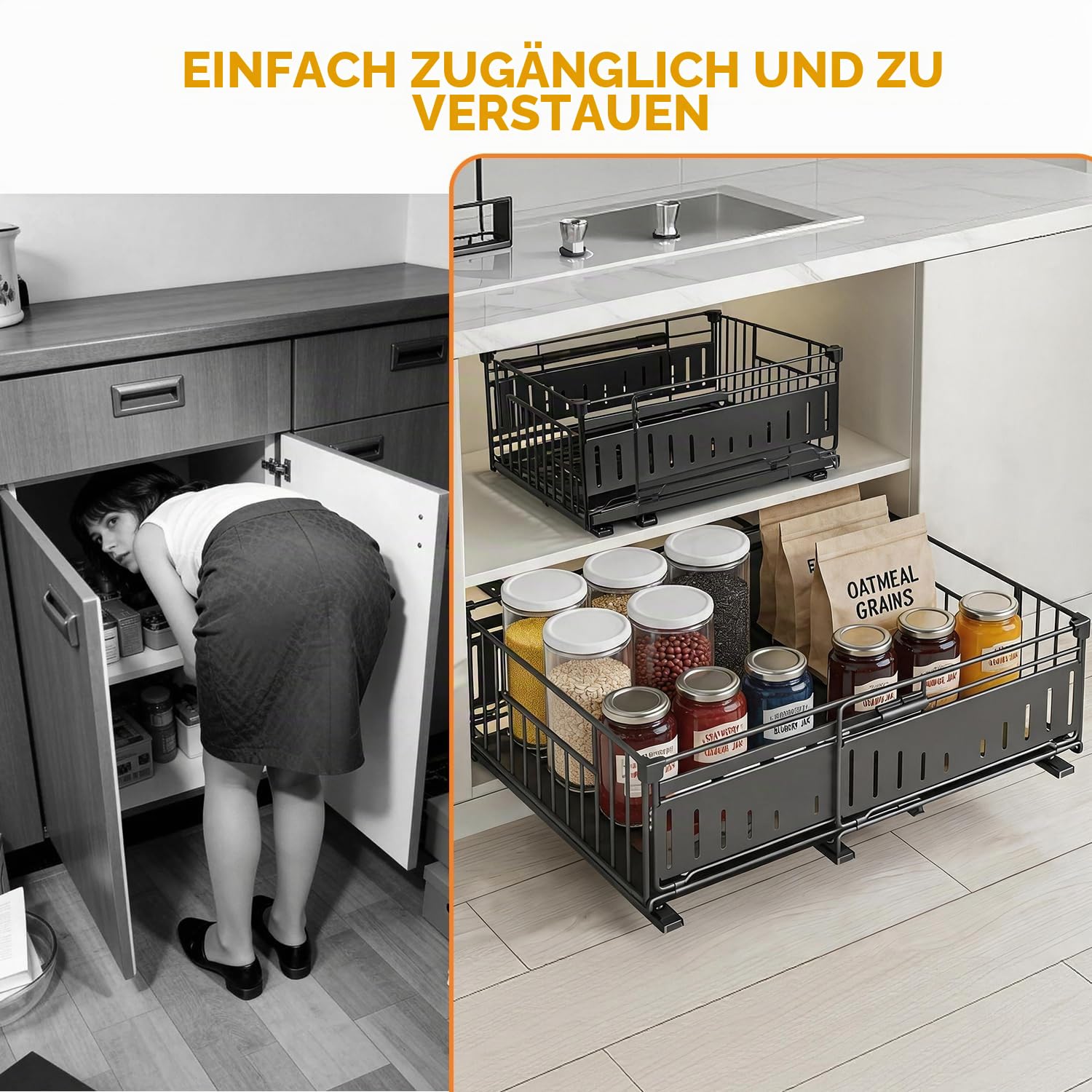Teleskopschublade, Ausziehbare Schublade Küche, Ausziehbarer Schrank Organizer, Ohne Bohren, Einstellbare Breite 32-50cm, Küchenschrank Organizer Ausziehbar, Auszug Küchenschrank (2)
