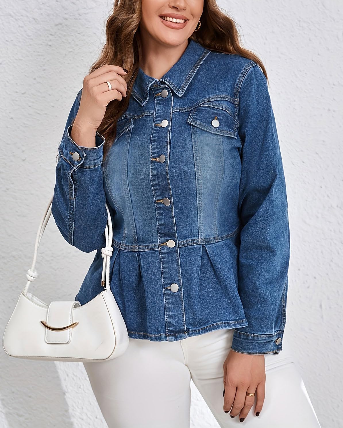 chouyatou Women's Peplum Denim Jacket Long Sleeve Button Down Ruffle Hem Jean Jacket Coat