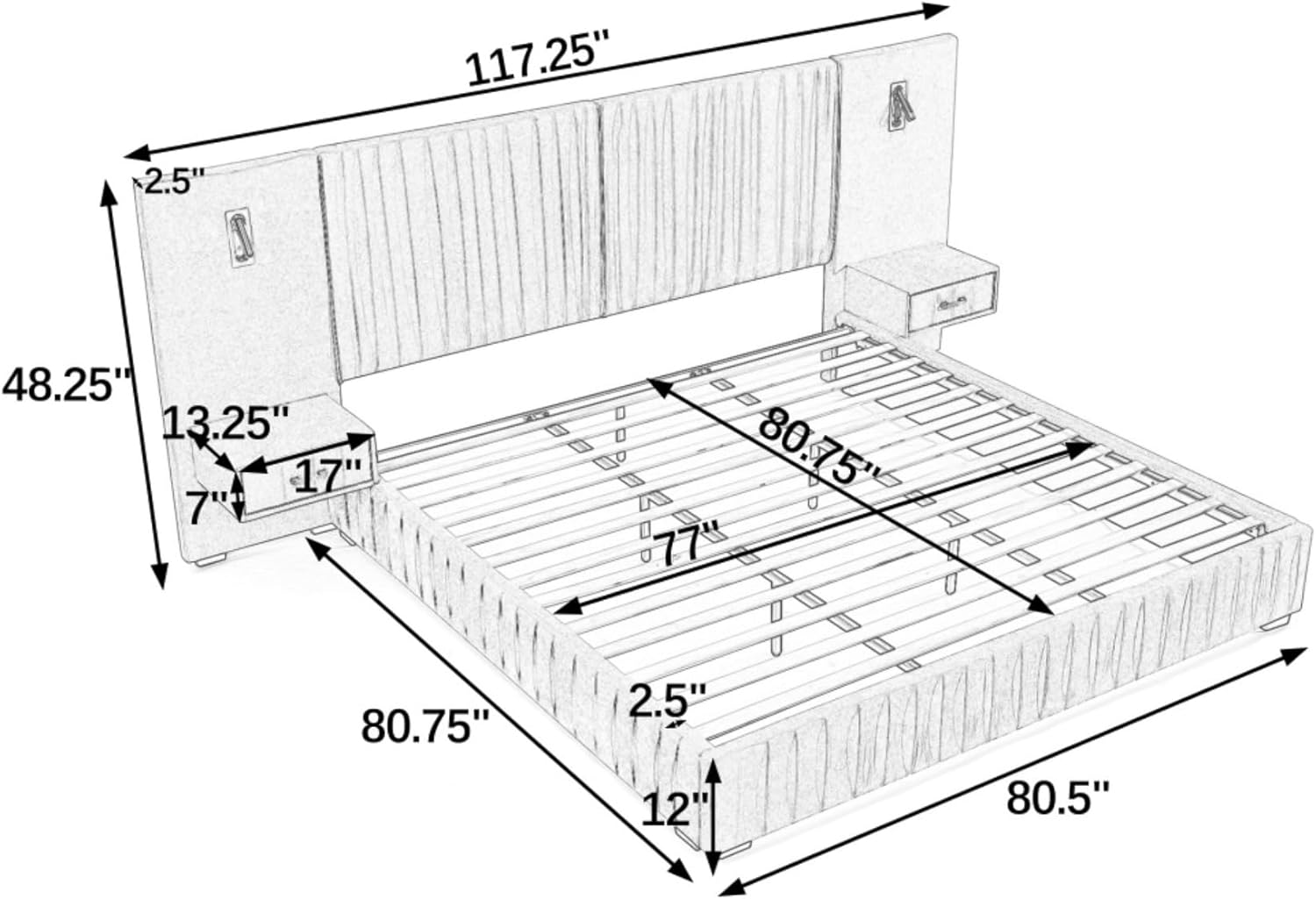 King Size Upholstered Platform Bed with Pleated Design Headboard, Chenille Fabric Platform Bed Frame with Bedside Table and Lamp, Kids Adults, Assembly Easy, Beige