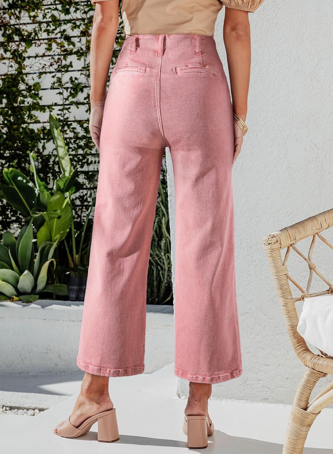 Sidefeel Women's Wide Leg Jeans High Waisted Straight Leg Jeans Buttoned Loose Stretchy Denim Pants with Pocket Peach Blossom Size 4 Long - Image 2