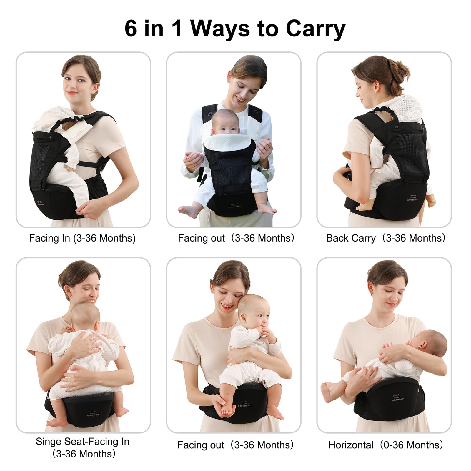 Bebear Marsupio,Bebamour Marsupio per 0-36 mesi, marsupio traspirante da neonato a bambino, approvato dagli standard di sicurezza, seggiolino ergonomico 6 in 1 anteriore,Cotton Black