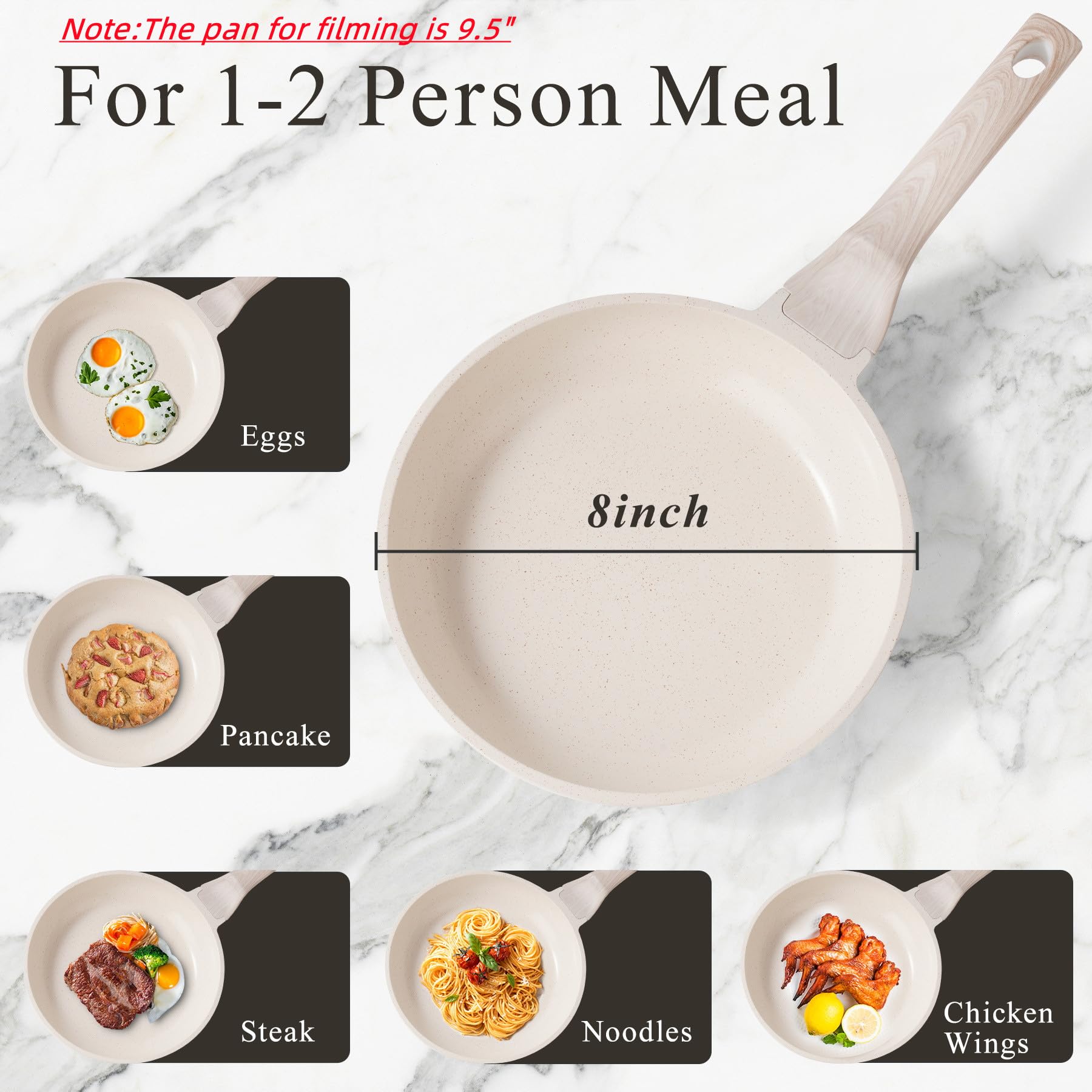 Sartén antiadherente de cerámica de inducción, sartén ligera, saludable y no tóxica, sartén para huevos compatible con todas las estufas (blanco, 8 pulgadas) 6