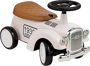 Vintage Car Carrier for Children from 12 to 36 Months, Push Vehicle with Horn, Storage Compartment, Steering Wheel and Stable Wheels for Learning to Walk, 25 x 59 x 35 cm (White)
