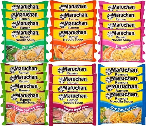 Maruchan Ramen Instant Noodle Soup Variedad Mix 24 paquetes, 6 sabores - 4 asados de res, 4 orientales, 4 camarones, 4 chiles, 4 pollos y 4 limas