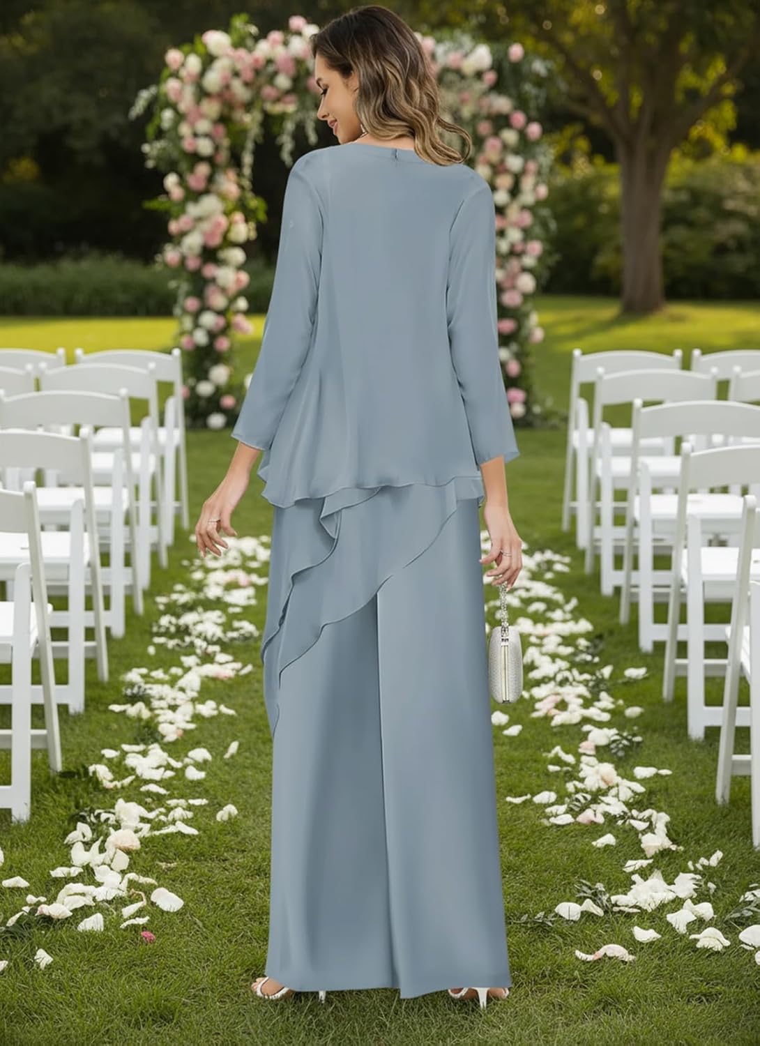 3 Pieces Chiffon Mother of the Bride Pant Suit Women's Ruched Asymmetrical Formal Pantsuit