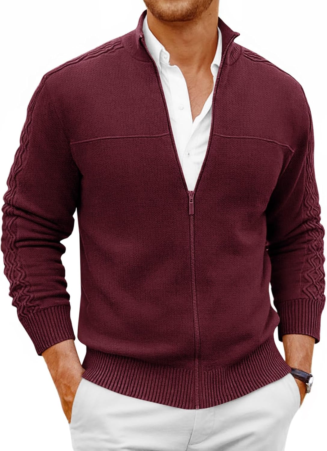 Runcati Mens Full Zip Cardigan Sweater Casual Mock Neck Cable Knitted Winter Chunky Sweaters