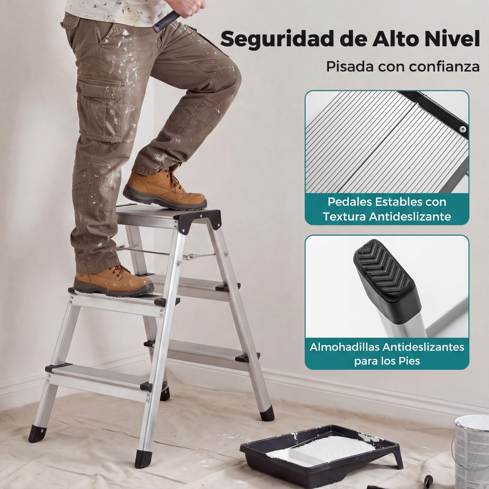 COSTWAY Escalera Plegable de Mano Aluminio, Escalera de Aluminio con 3 Peldaños Pedales Anchos y Patas Antideslizantes, Escalerita Ligera y Portátil para Hogar, Garaje, RV, Carga Máxima 150 kg