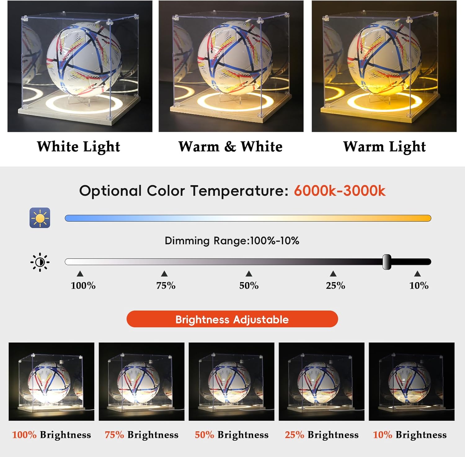 Soccer Display Case with Light,Full Size Acrylic Box with Removable Built-in Ball Display Stand, UV Protected Clear Case for Soccer Fans & Collectors, Sports Collectibles