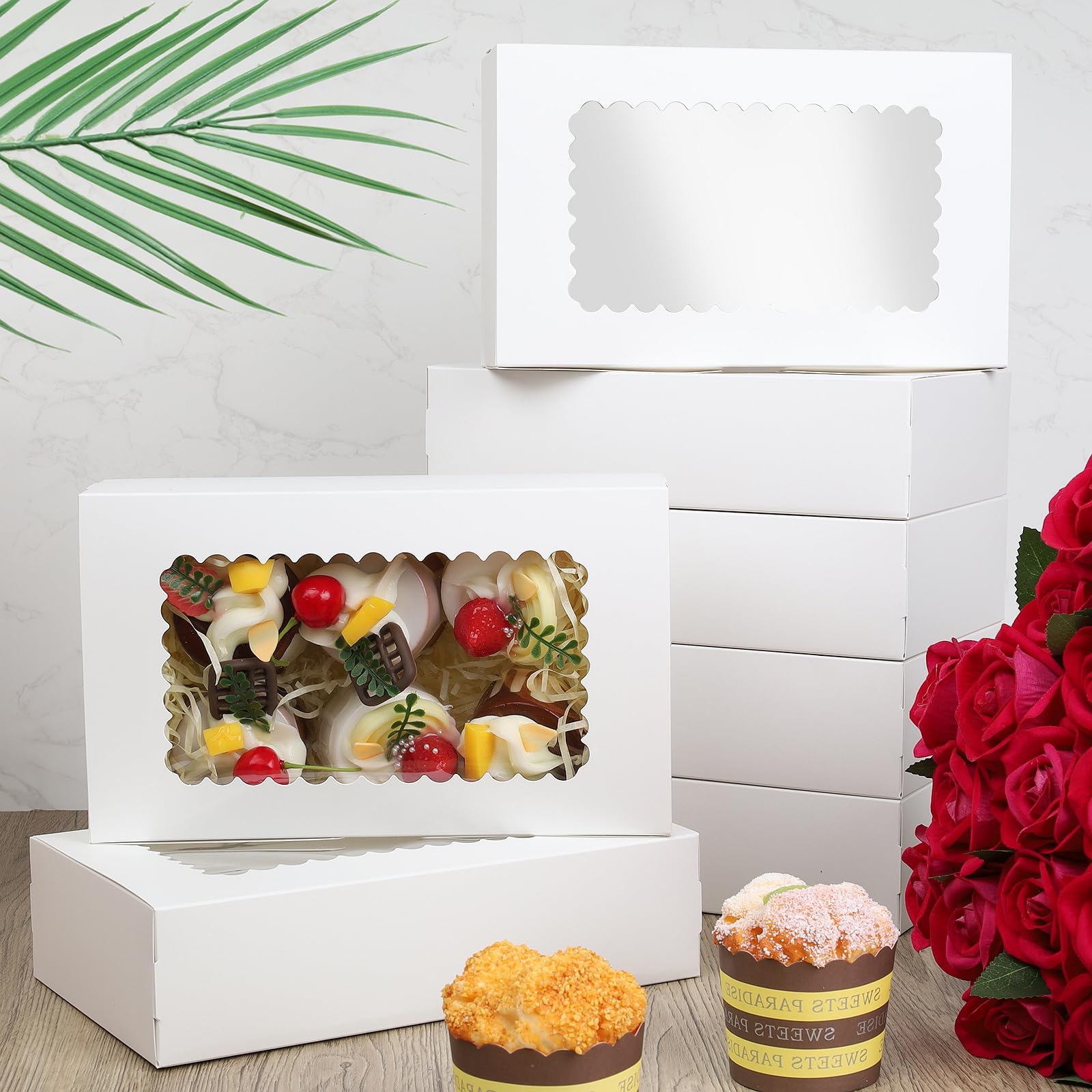 GZhLonKiMa 24pcs Cake Boxes, 10x10x5 Inches White Square Bakery Boxes With Window Cajas Pasteles Cake Pastries Chocolates Cookies Pie Birthday Party Weddin