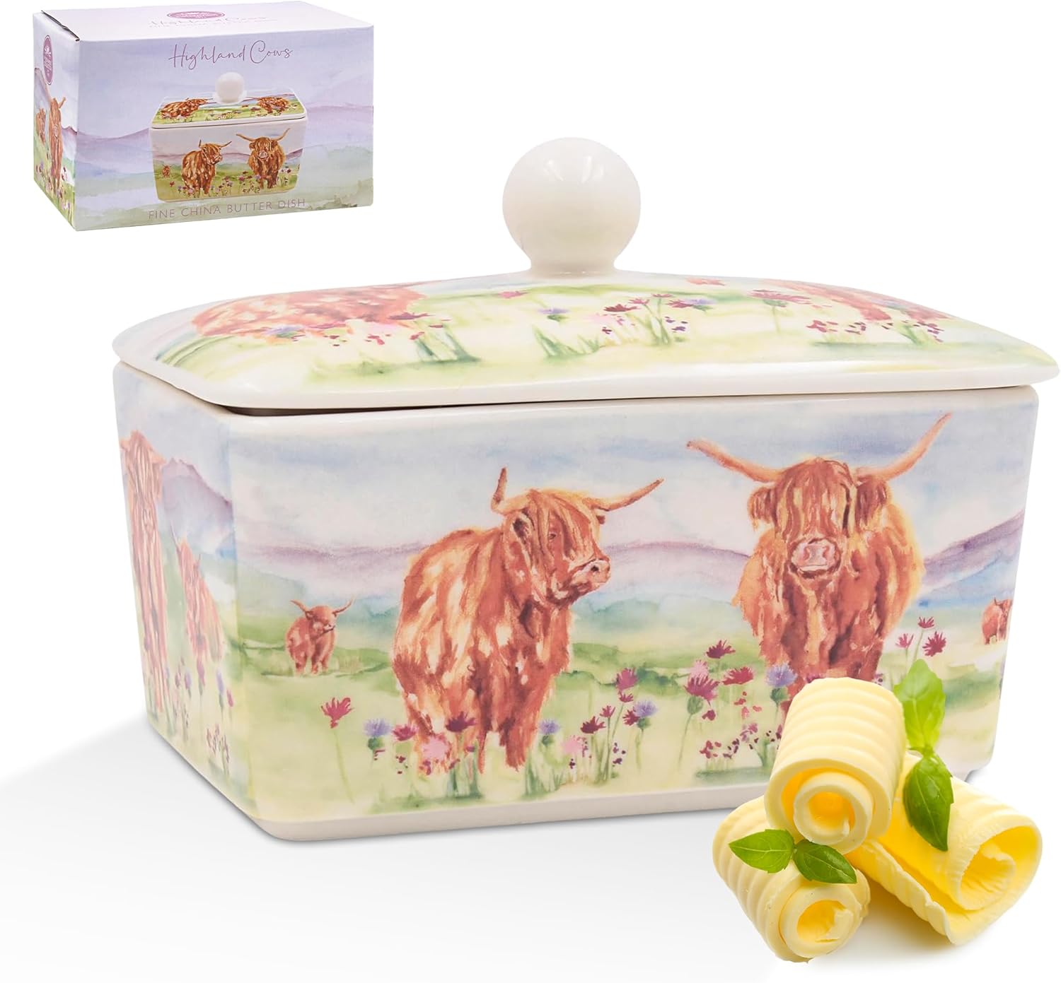 Highland Cows Butter Dish - Ceramic Fine China Butter Dish with Removable Lid and Decorative Box