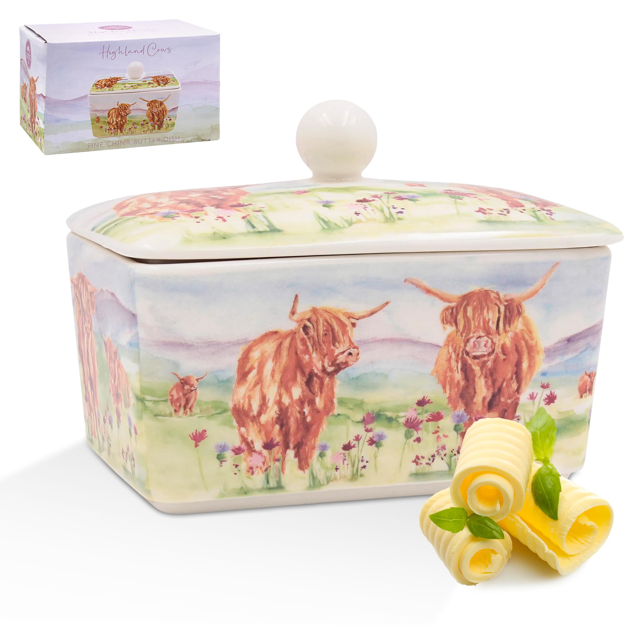 The Leonardo Collection Jennifer Rose Gallery Highland Cow Butter Dish | Fine China Butter Keeper with Lid | Rustic Kitchen Storage for Breakfast Table | Countryside Animal Design Gift For Women & Men