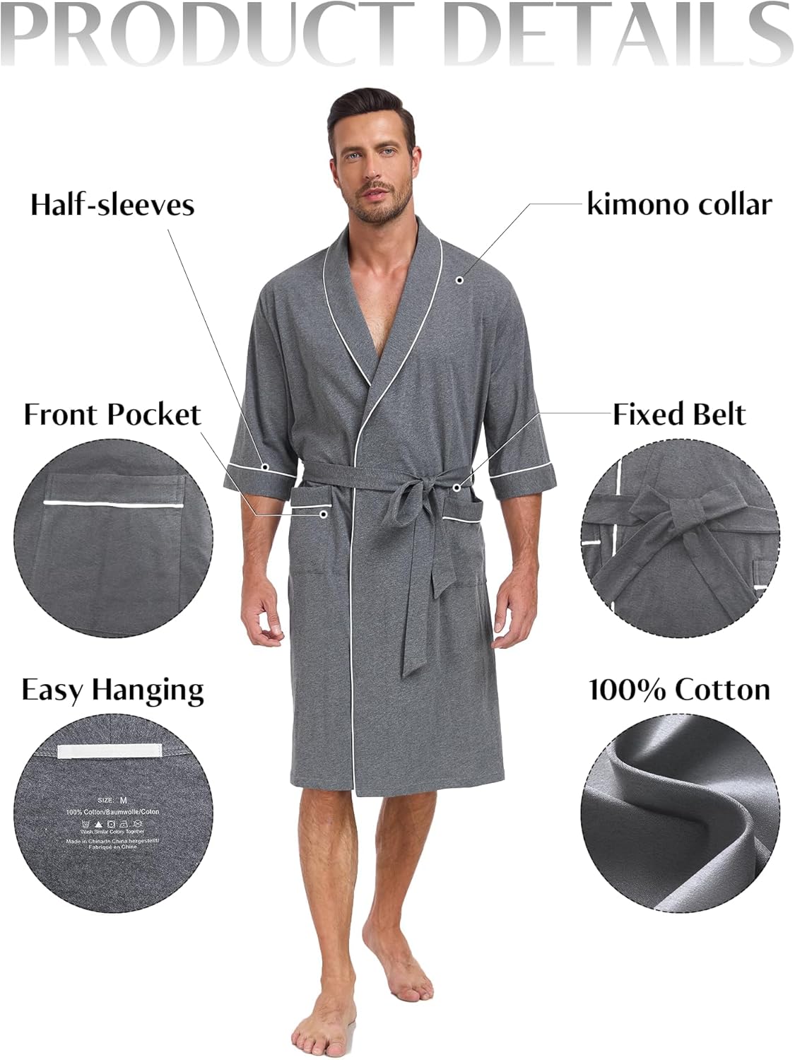 EA'S SECRET 100% Cotton Men's Lightweight Robe Summer Short Sleeve Bathrobe Soft Knee Length Robe with Pockets