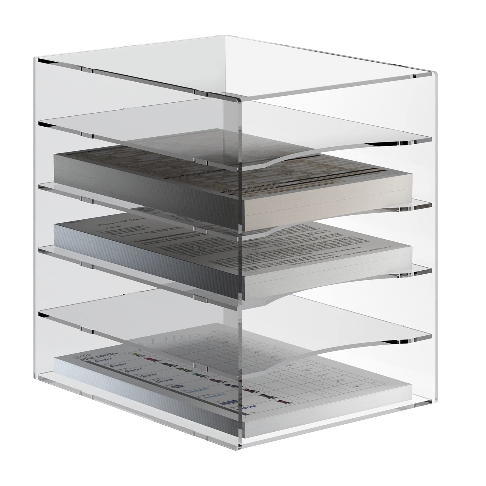 Vaschetta portadocumenti in plexiglass trasparente a 5 ripiani per documenti A4 - Misure totali: L 32.5 x P 25 x H 32 cm