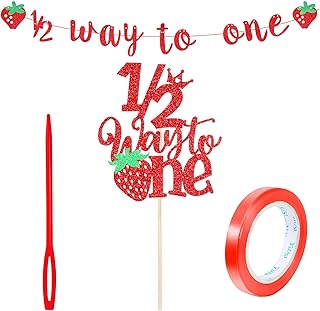 Glitter Strawberry 1/2 Way to One Banner, Half Way to One Girls 6 Months Birthday Decorations Happy 6 Months Birthday Party Decoration Supplies Cake Topper Glitter Berry Sweet Cake Pick