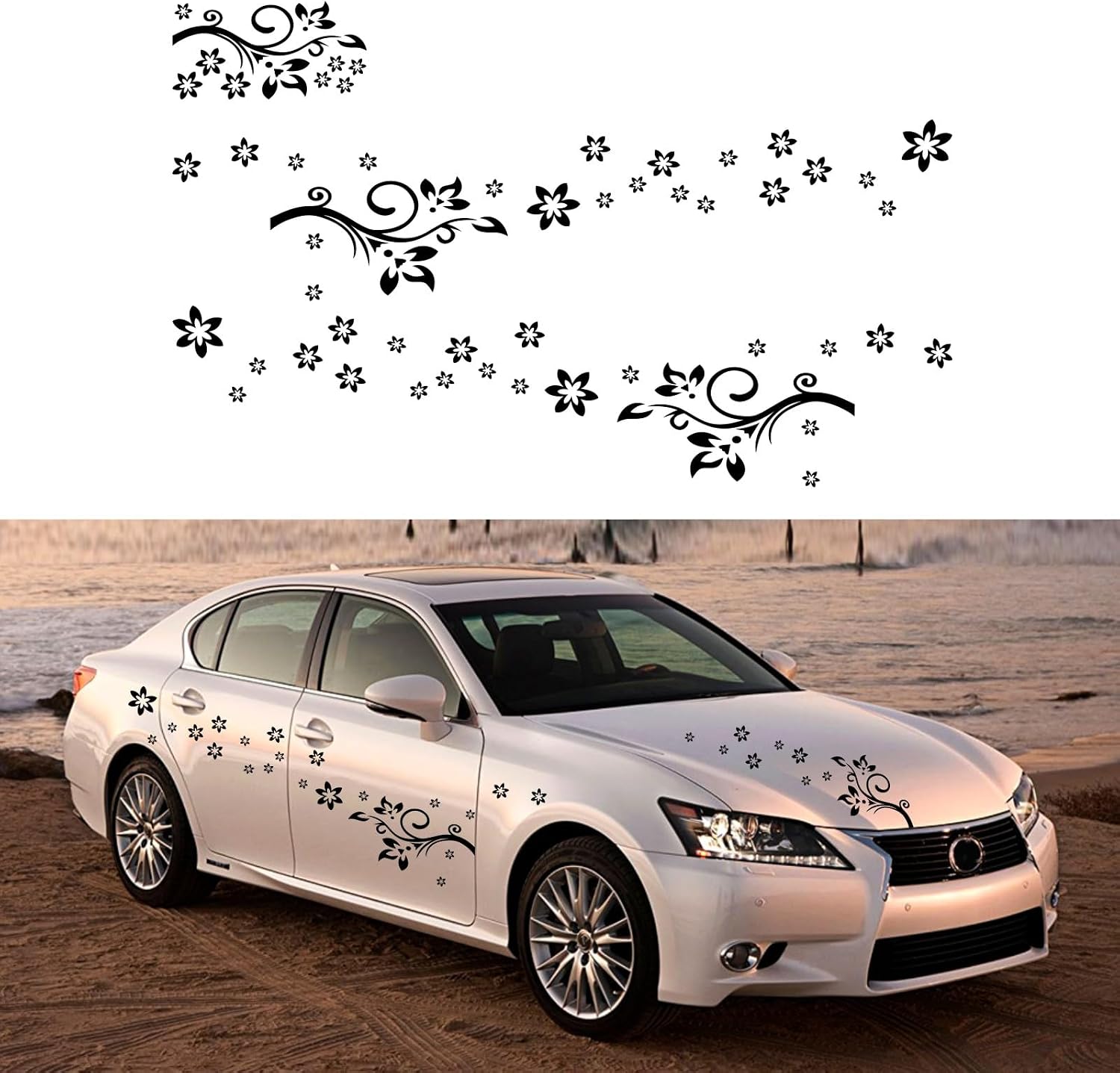 Flower Rattan Graphics Car Sticker Flower Graphics Decorative Door Hood Bumper wall Window self-Adhesive Universal Vinyl Decal Accessories (Black)