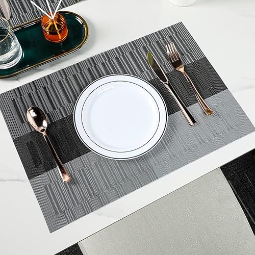 Miniatura 4 de Xmkuwa Placemats, Washable PVC Table Mats, Woven Vinyl Placemat for Dining Table Place Mats Set (6 Placemats and 1 Table Runner, Black and Grey)