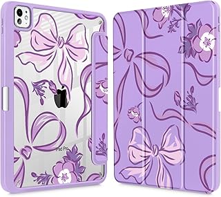 Mektron Case for M5/ M4 iPad Pro 11 inch 2025/2024 with Pencil Holder, Compatible Models: A3357/A3358/A3359/A2836/A2837/A3006, Shockproof Cover Clear Shell, Flowers-Bows-Purple