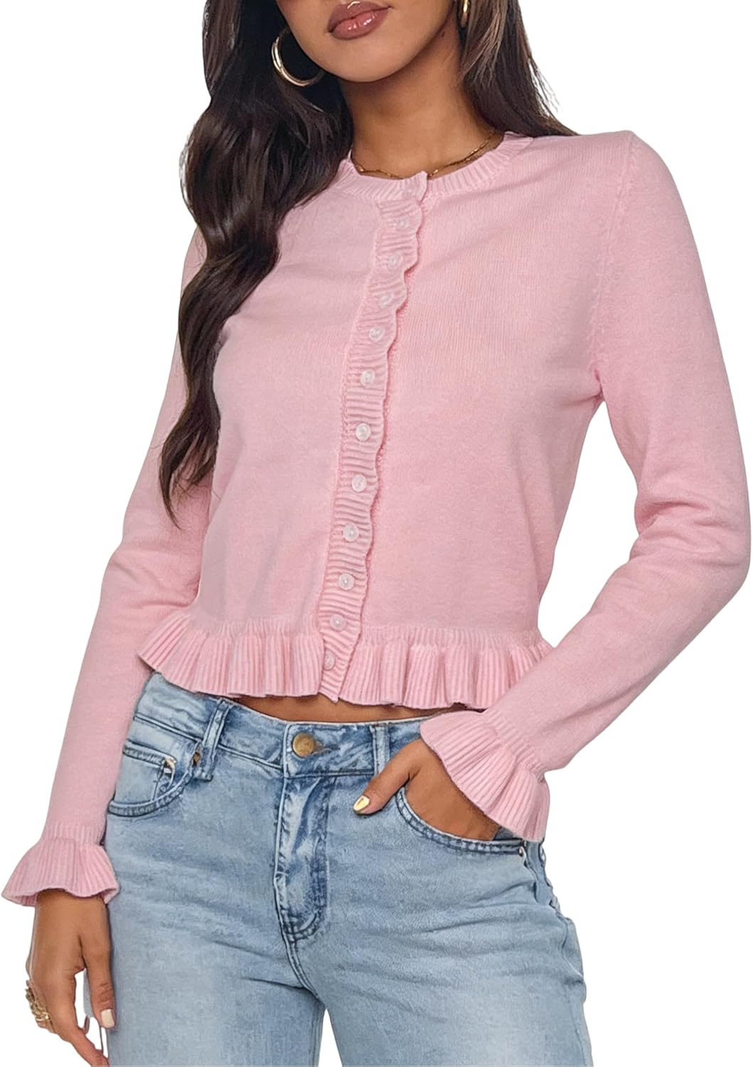 Women's Ruffle Trim Knitted Cardigan Botton Up Long Sleeve Crop Sweater Tops 2026 Y2k Fashion Fall Outfits