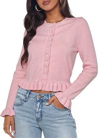 Womens Ruffle Trim Knitted Cardigan Botton Up Long Sleeve Crop Sweater Tops 2026 Y2k Fashion Fall Outfits