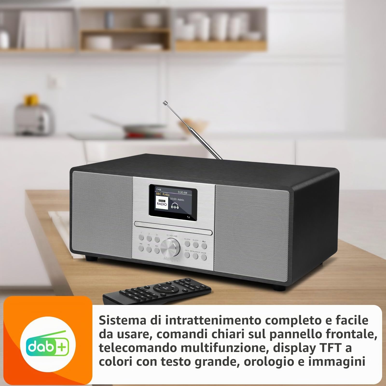 MS4 CD Player DAB Radio Hifi Sistema I Bluetooth I Potente Sistema Stereo I Digital Radio Dab+I Acustic Wood Mabiet I CD Player con 40 Preset, Jack per Cuffie,Metallico Nero