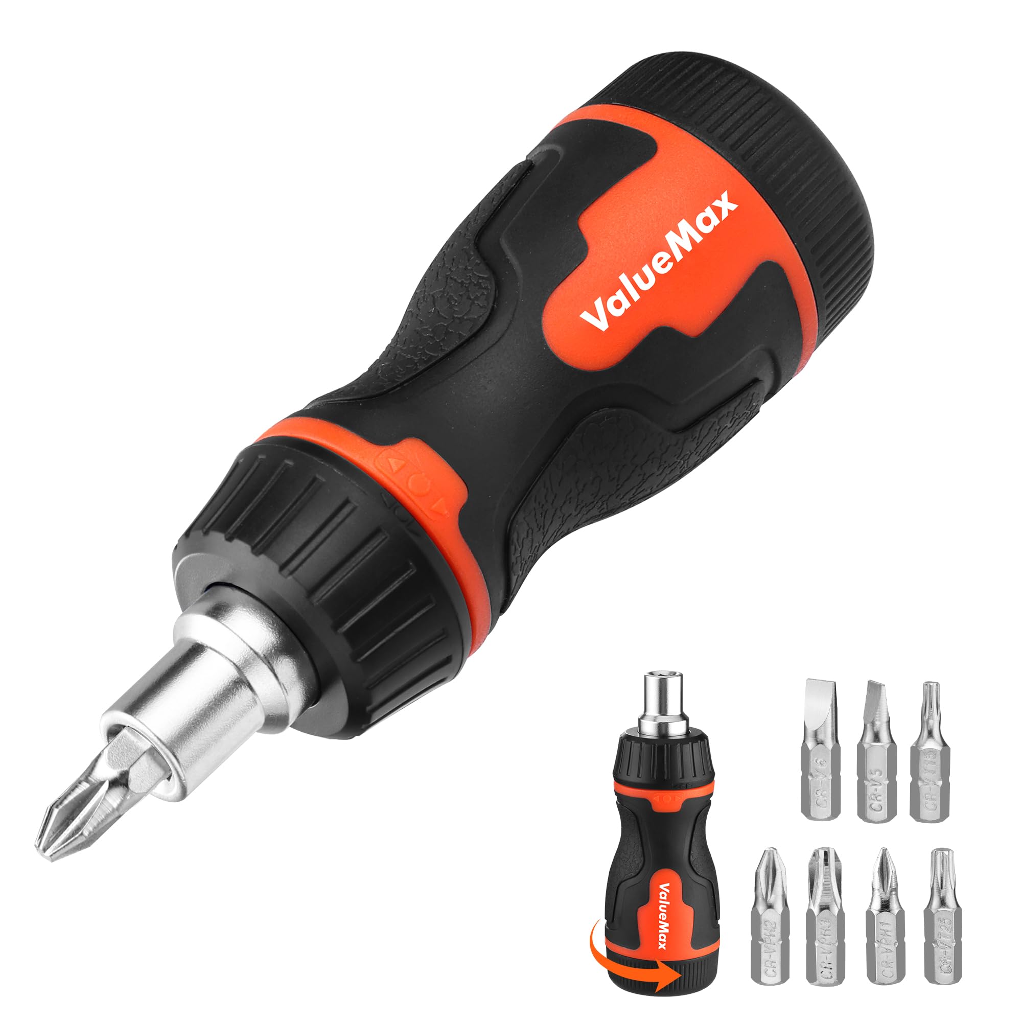 ValueMax 8-in-1 Stubby Ratcheting Screwdriver, Multi-bit Screwdriver, Quick-load Mechanism, Adjustable Magnetic Tool with Phillips, Slotted, Torx