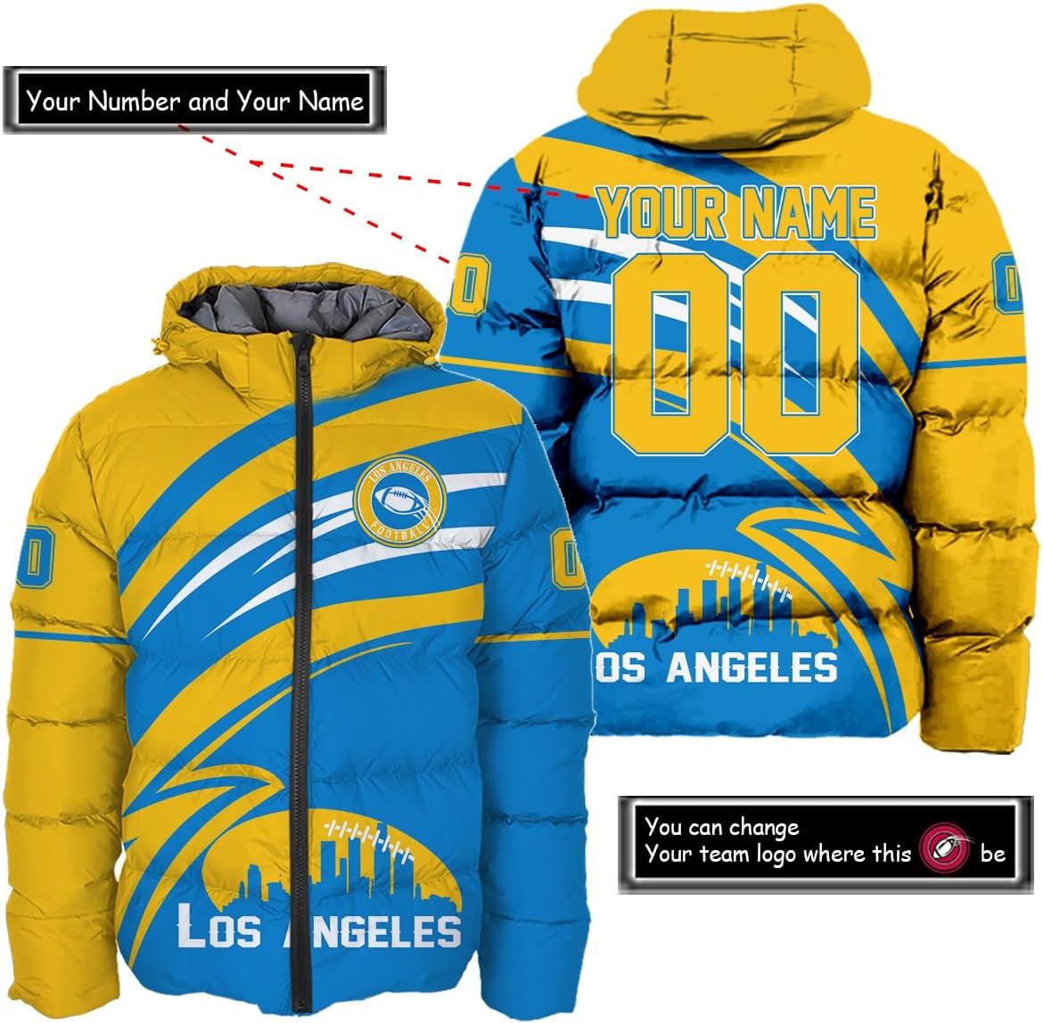 Discover Personalized Los Angeles Football Team Chargers Men's Hooded Puffer Jacket