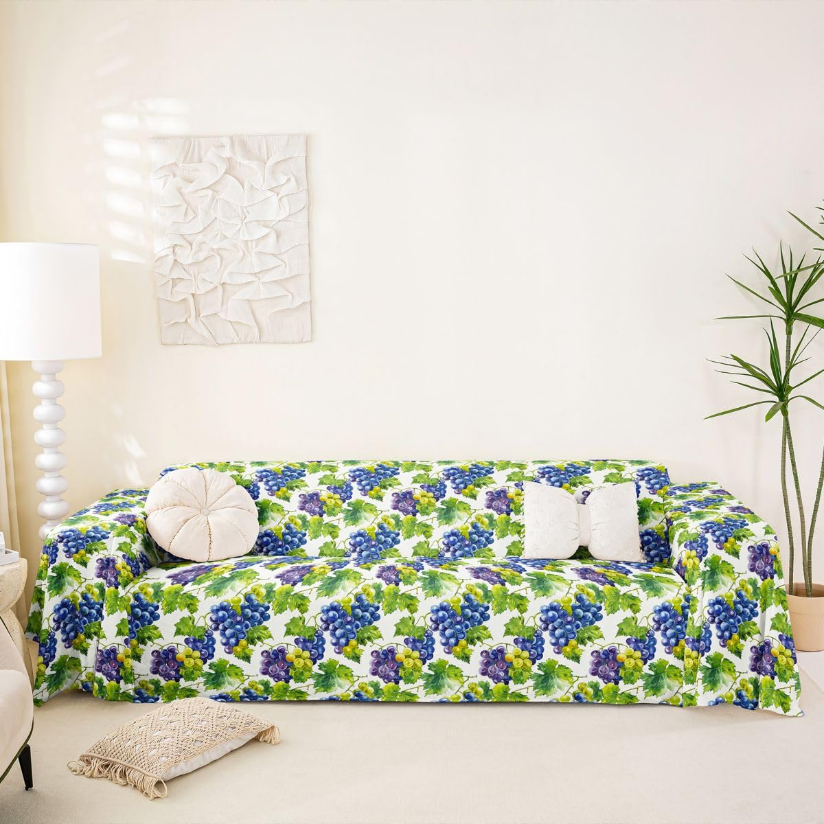 Homewish Blaue Ästhetisch Ernte Weintrauben Sofaüberzug 231x340 | Jungen Mädchen Couch Überwurfdecke Grüne Blätter Sofa Cover für Wohnzimmer Trendig Sofahusse für Hunde Haustiere 3 4 Sitzer