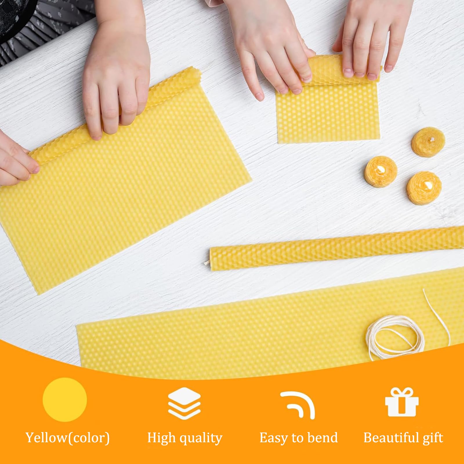 Fleymu Kit Crea Candele In Cera D'Api Fai Da Te | 12 Fogli 20x20 Cm + Stoppino 6 M | Naturale E Atossico Per Adulti E Bambini