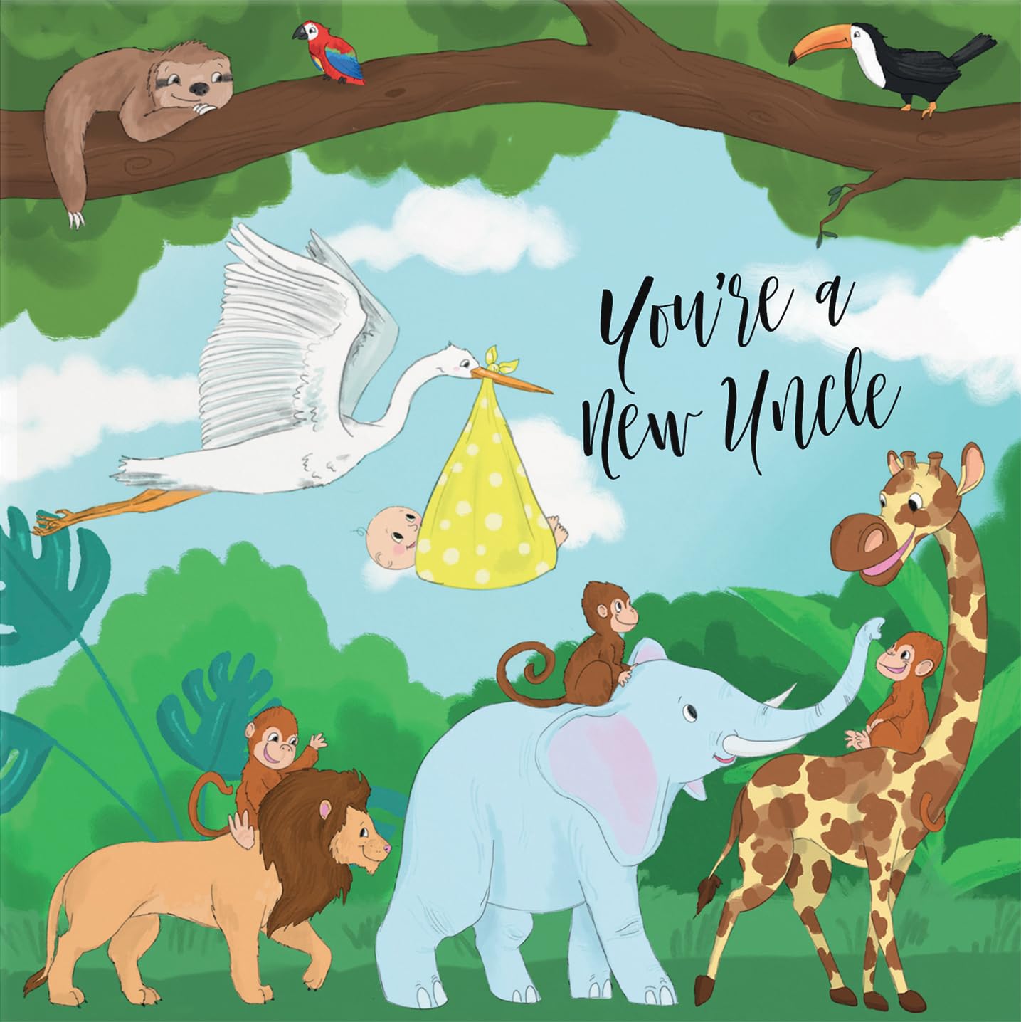 Hunts England - New Uncle Congratulations New Baby Card - Stork Holding New Baby Card - Yellow - You're A New Uncle - Boy - Girl - New Niece - Nephew Card - Jungle Collection - Image 2