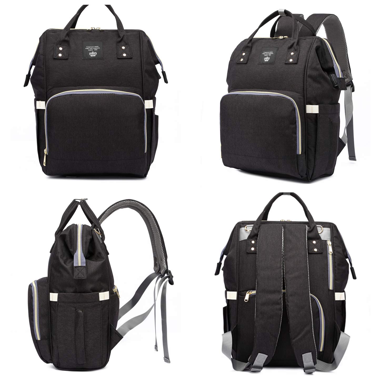 Diaper Bag Set, Backpack + Lunch Bag + Changing Pad + Insulated Pockets + 2 Pacifier Clips + 2 Pacifier Case + 2 Stroller Straps, Multi-Function Waterproof Maternity Nappy Bags (Black Set)