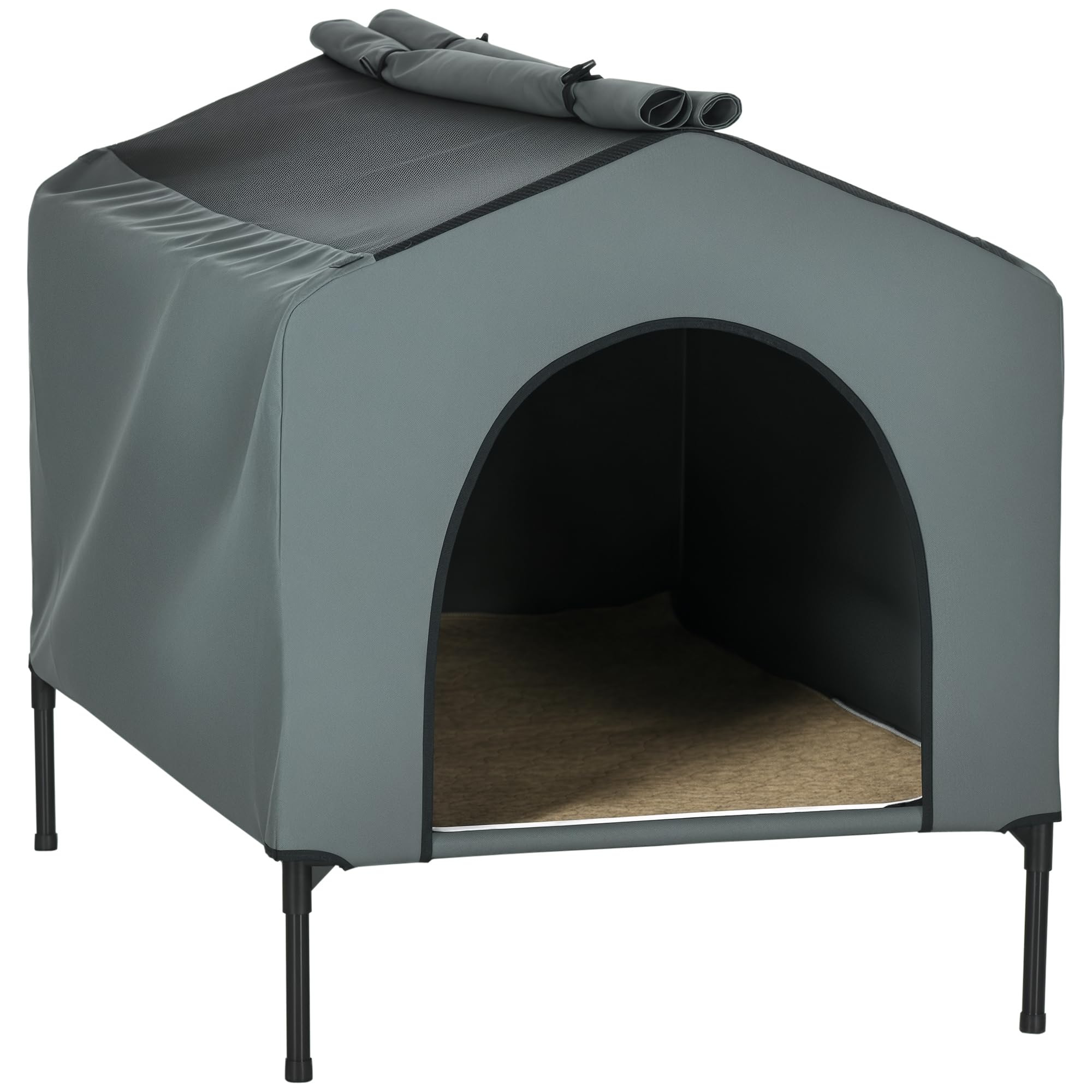 PawHut Caseta para Perros 130x85x95 cm Cama para Perros con Cojín Ventanas de Malla Enrollable y Cubierta Exterior para Perros Grandes Gris